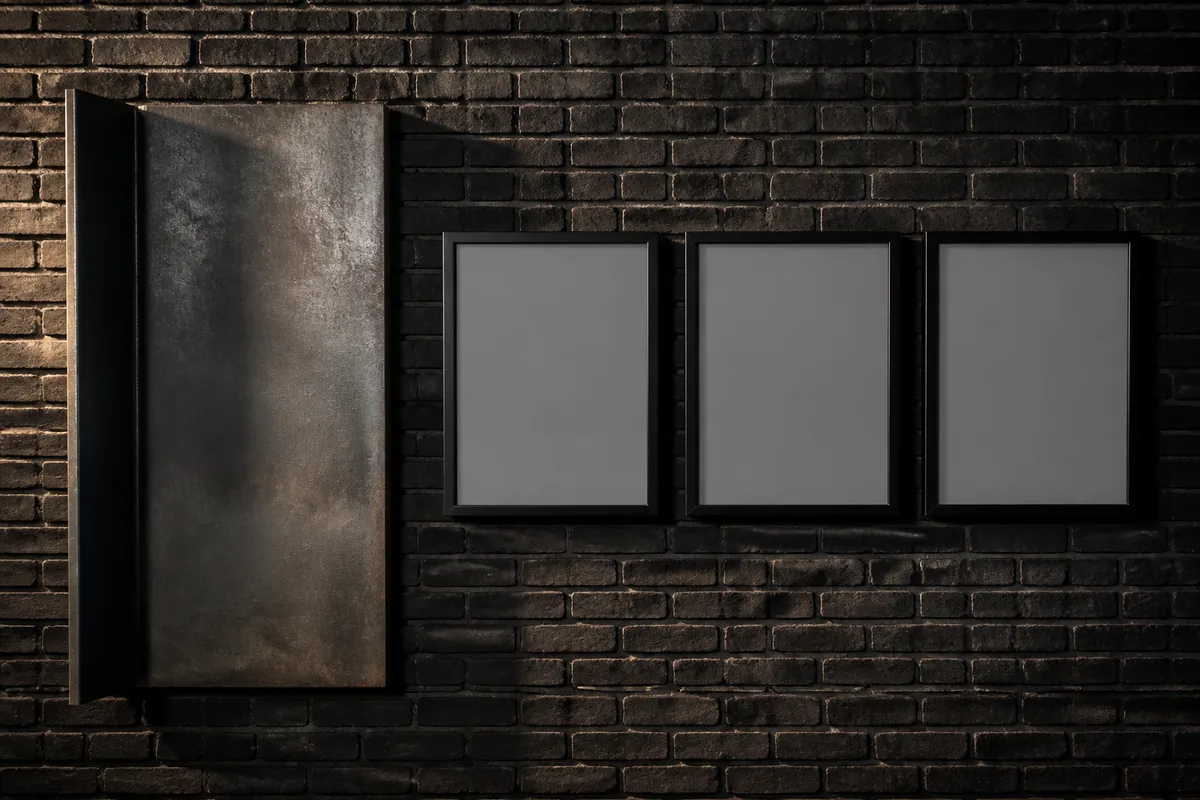 Mur de salon en brique sombre avec panneau d acier brut et cadres noirs