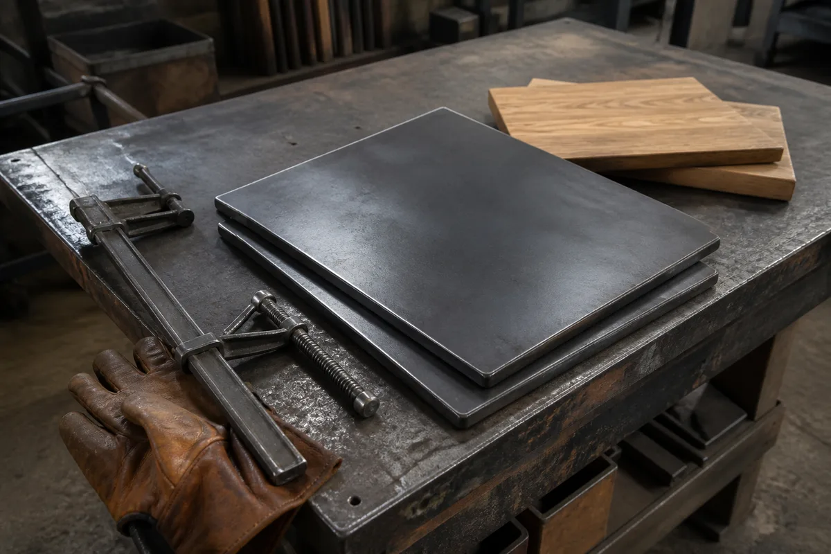 Etabli d atelier avec plaques d acier noircies et tablettes de chene clair
