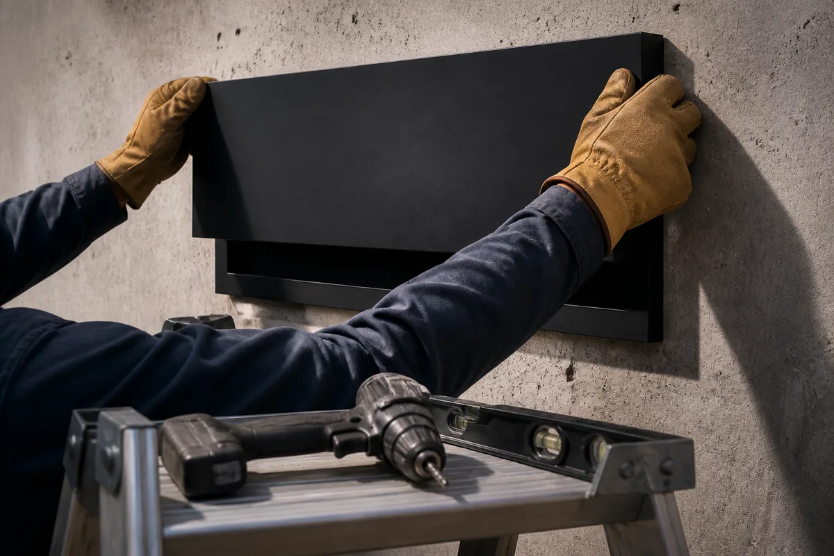 Mains gantees ajustant un panneau metallique noir sur un mur en beton