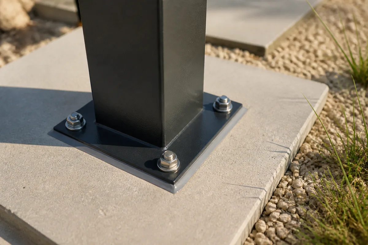Platine de poteau en aluminium boulonnée sur une dalle béton en pied de terrasse