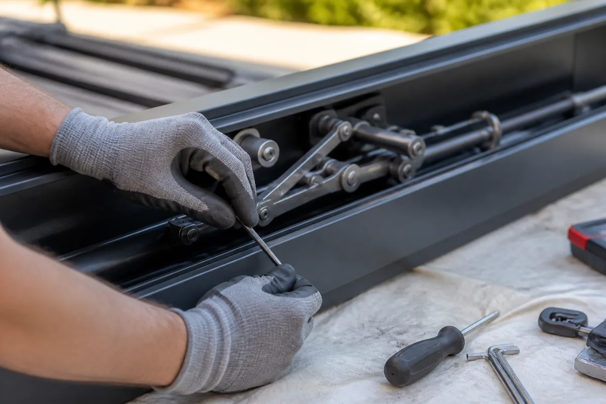 Détail du mécanisme de biellettes et du moteur logé dans la traverse d’une pergola aluminium