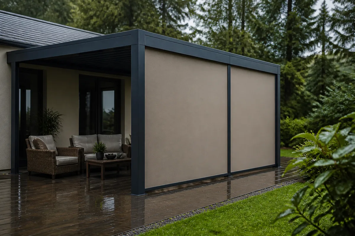 Terrasse abritée par une pergola bioclimatique anthracite avec stores verticaux latéraux