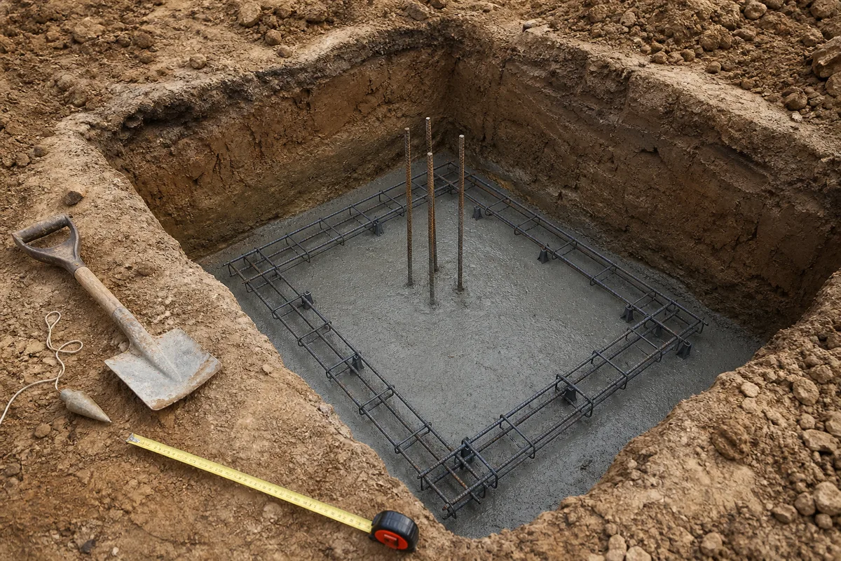Fouille de fondation ouverte avec semelle en béton ferraillée et aciers verticaux en attente pour un pilier de portail