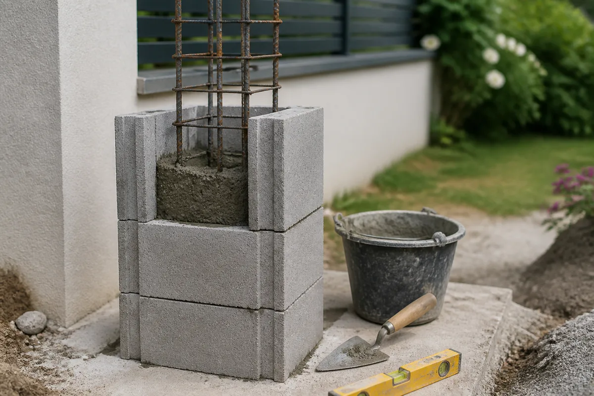 Pilier de portail en blocs de coffrage béton en cours de montage avec sa cage d armature verticale