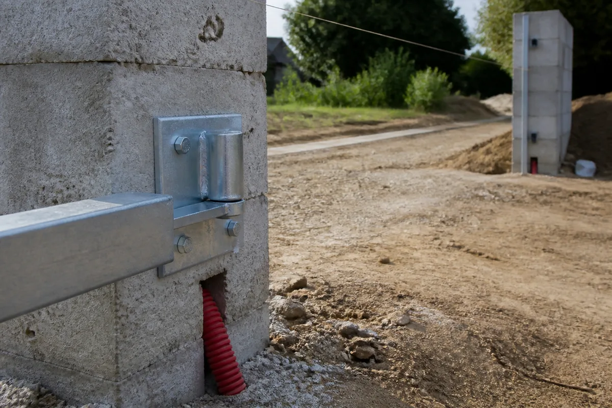 Gond de portail scellé dans un pilier maçonné avec gaine électrique rouge en attente au pied du fût