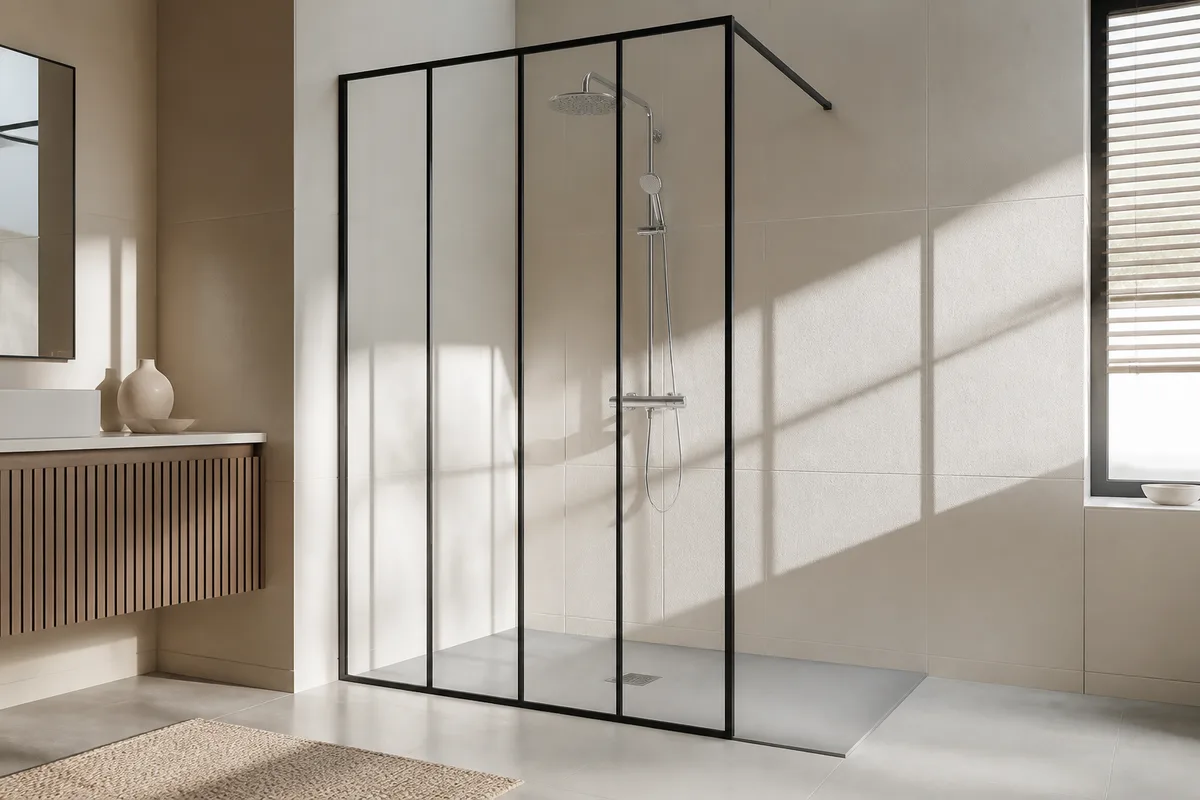 Verriere de douche en acier noir mat dans une salle de bain carrelee claire
