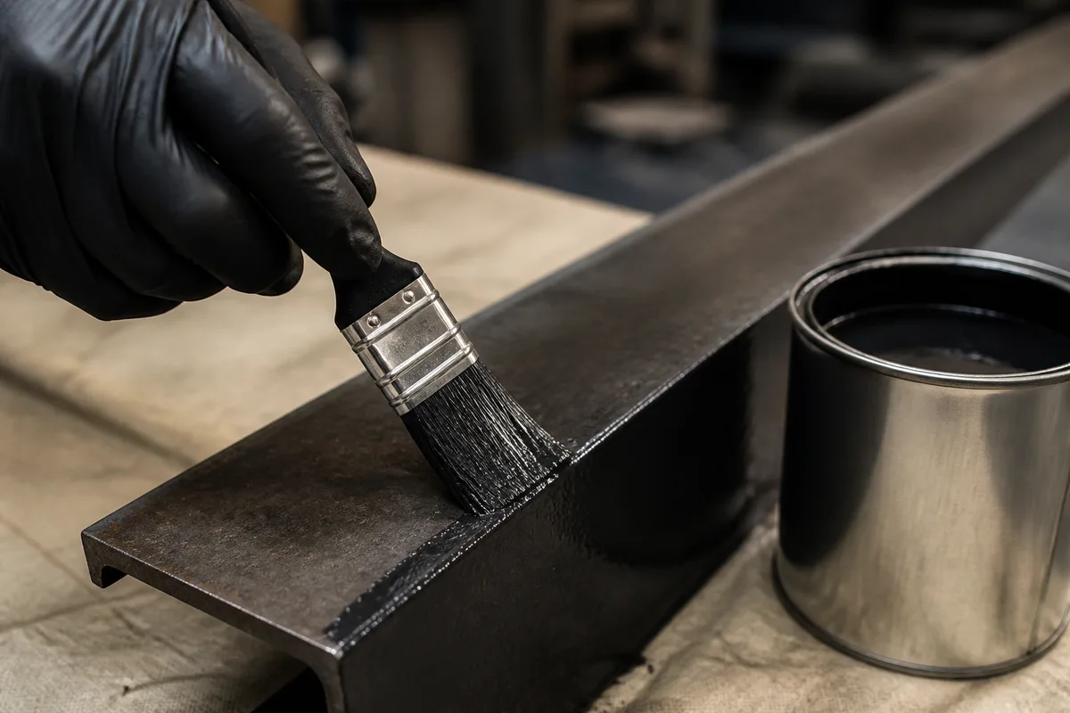 Mains gantees appliquant une retouche anticorrosion sur un profile acier