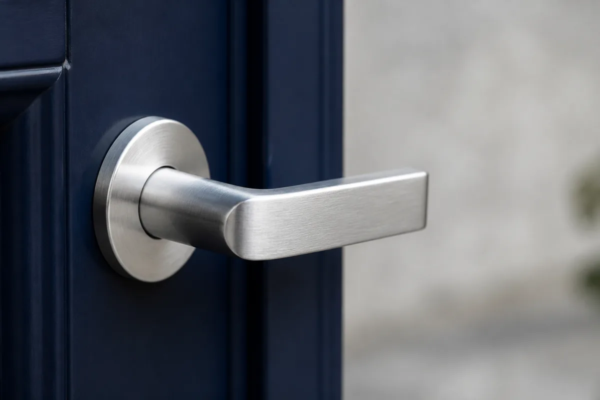 Poignée de porte d’entrée en acier brossé vue de près